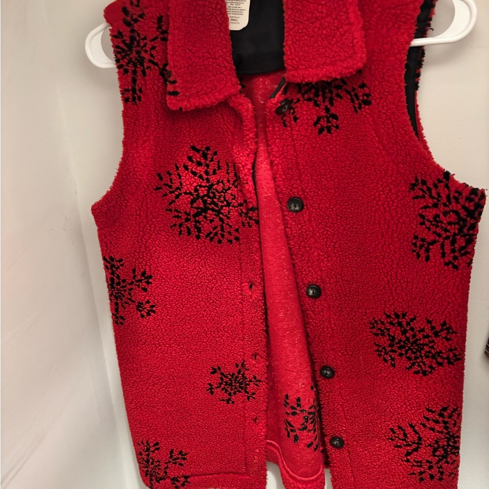Red Sherpa Vest with Black Snowflake Pattern
